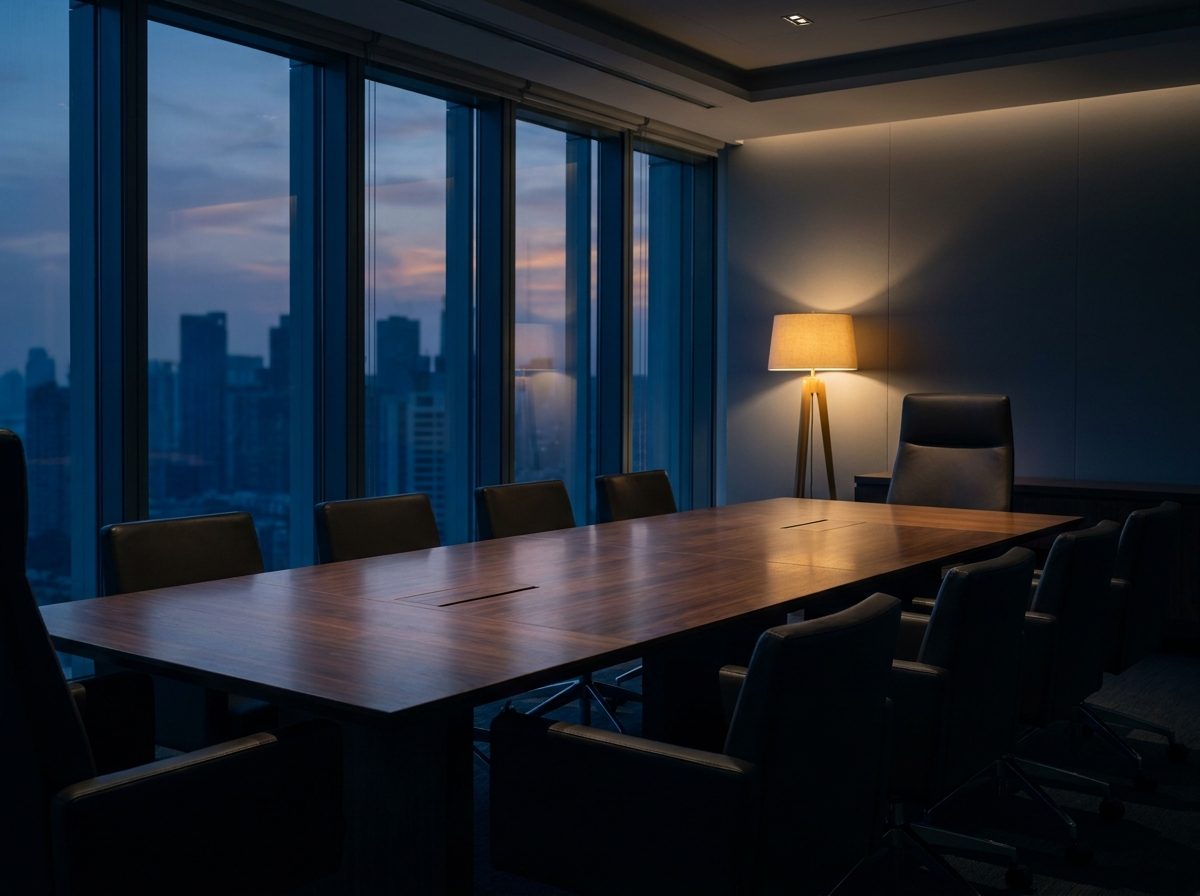 An executive boardroom at dusk, the chair at the head of the table turned out
